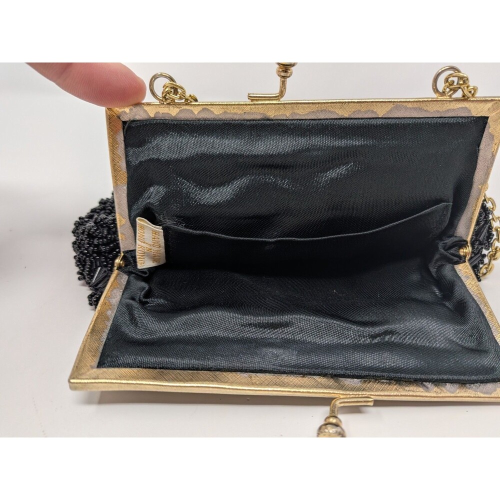 Vintage Black Beaded Evening Bag Handmade Hong Kong Gold Kiss Clasp Old Money - Picture 5 of 9